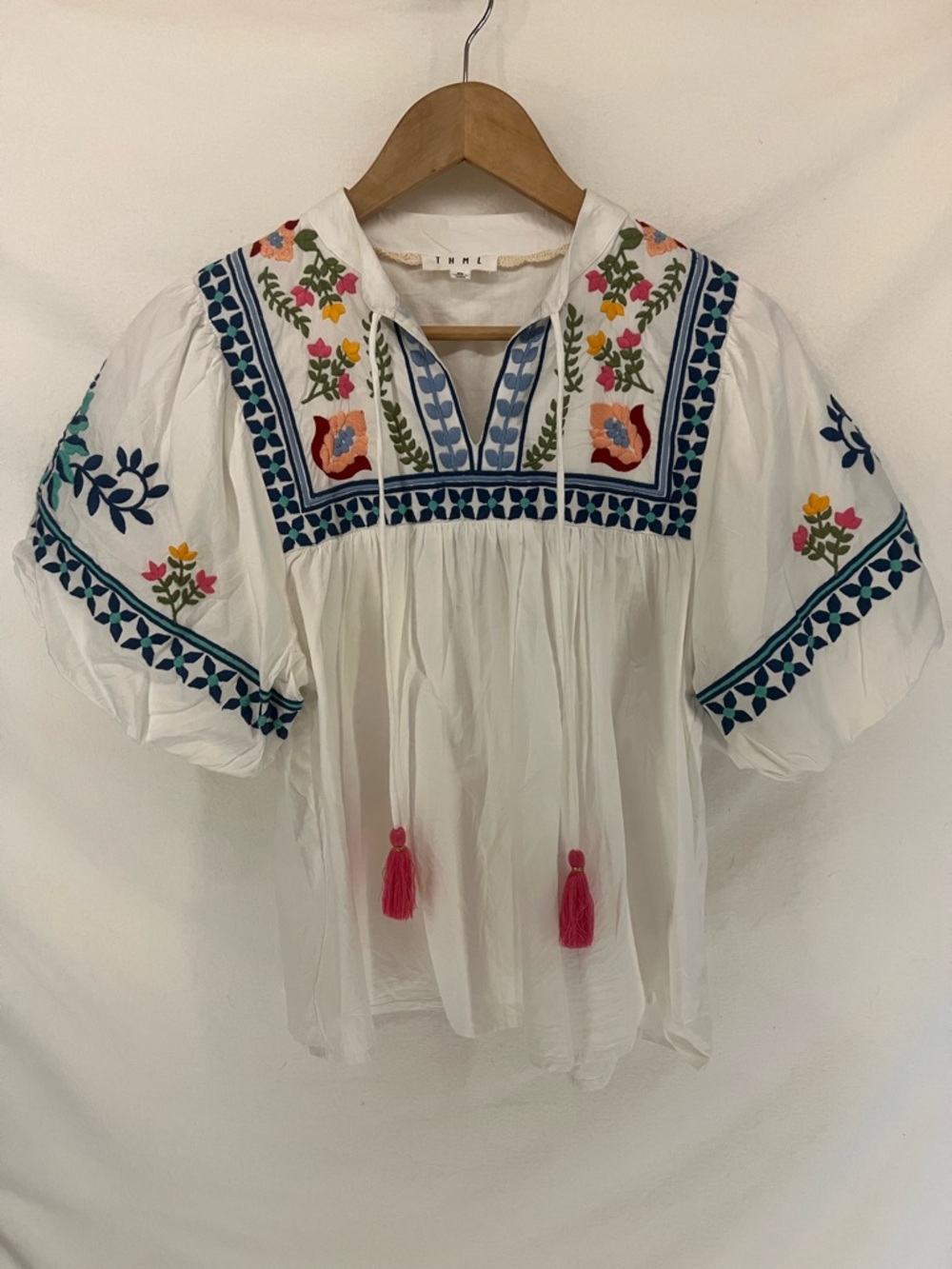 THML Blouse White Floral Embroidered Puff Sleeve Boho Cottage Peasant Size XS